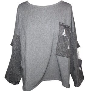 FANTASTIC FAWN Top Sz M Eclectic Denim Sweatshirt Fairy Grunge Rocker Edgy Shirt